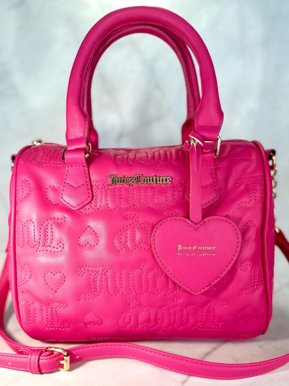 Juicy Couture Bright Pink Quilted Logo Satchel with Heart Charm
